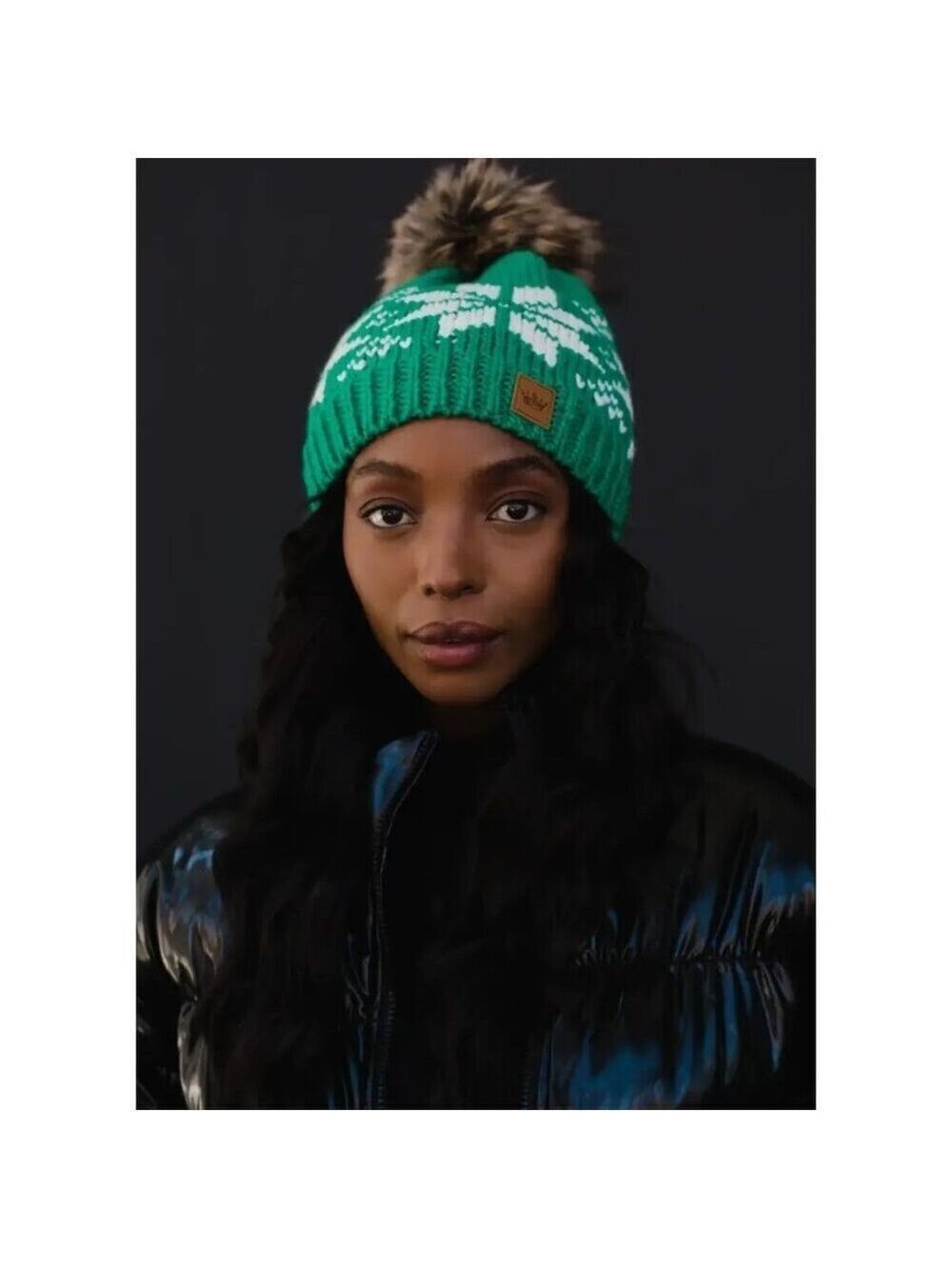 Pom Pom Hat - Green & White Snowflakes